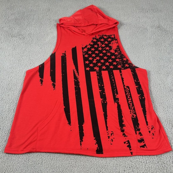 The Unbranded Brand Other - American Flag Tank Top Mens 2XL Red Hooded Sleeveless Pocket USA Patriotic Gym